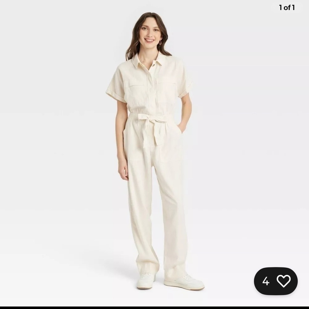Universal Thread Women's Short Sleeve Linen Boilersuit Casual Jumpsuit Cream 6
